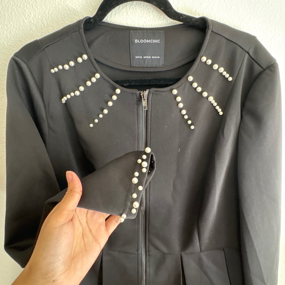 BloomChic Black Pearl Embellished Peplum Zip Front Jacket Plus Size 14-16 NEW - Picture 5 of 8